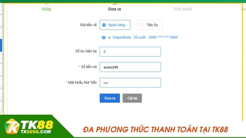 Đa phương thức thanh toán tại TK88